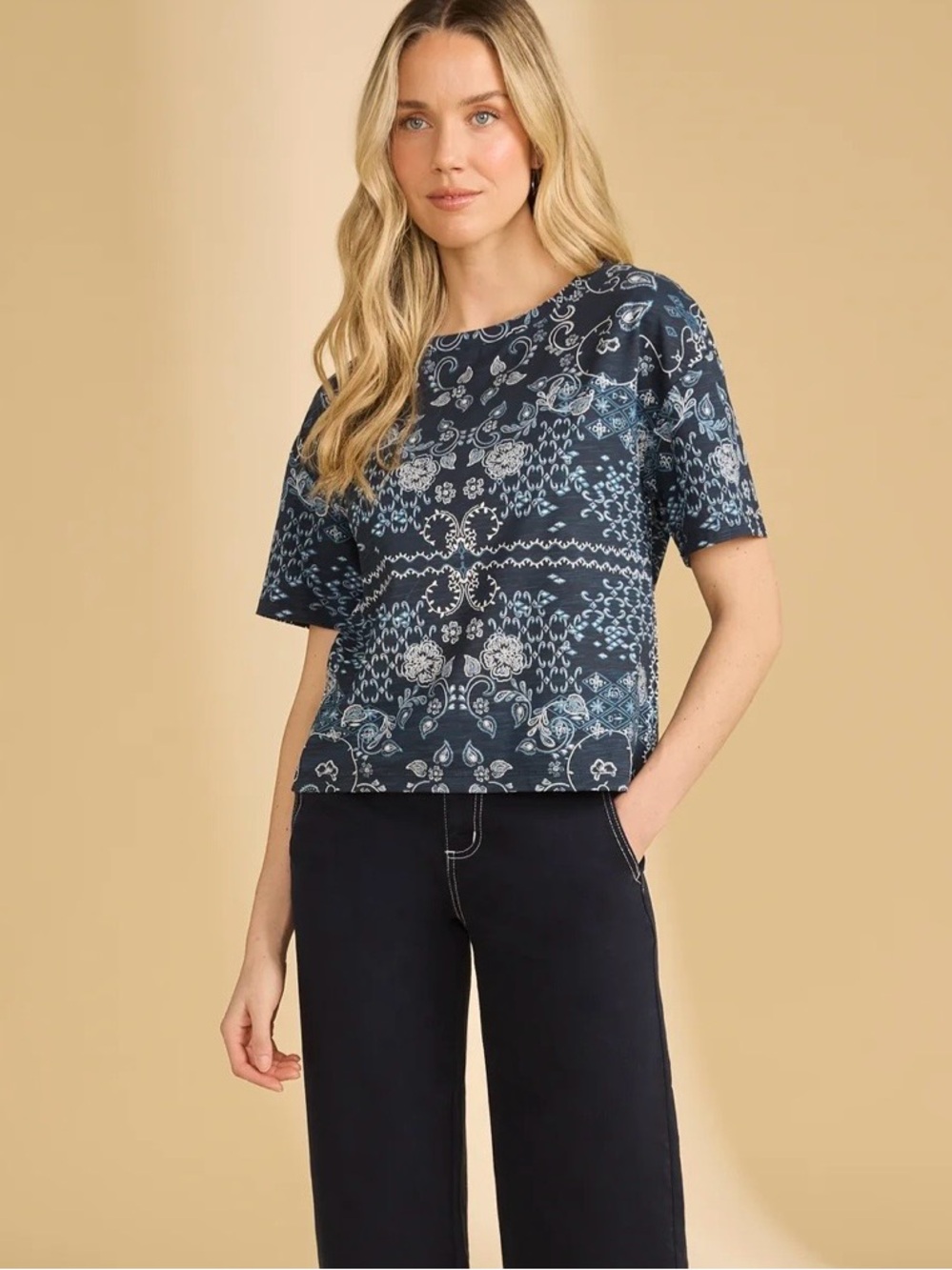 French Dressing Jeans Women's Blue Polynesian Block Print Top